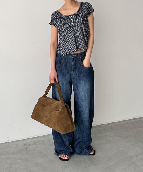 CANAL JEAN(キャナルジーン)の「HARING チェック半袖パフブラウス(シャツ/ブラウス・レディース・ネイビー・ONE SIZE)」の4枚目の写真