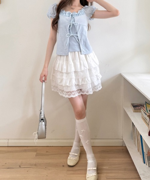 Ada.（エイダ）の「フロントフリル パフスリーブ ショート丈 ギャザー カットソー（Tシャツ/カットソー・レディース・ブルー/ピンク/アイボリー・FREE）」の11枚目の写真