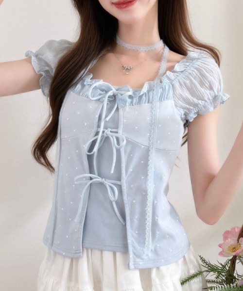 Ada.（エイダ）の「フロントフリル パフスリーブ ショート丈 ギャザー カットソー（Tシャツ/カットソー・レディース・ブルー/ピンク/アイボリー・FREE）」の12枚目の写真