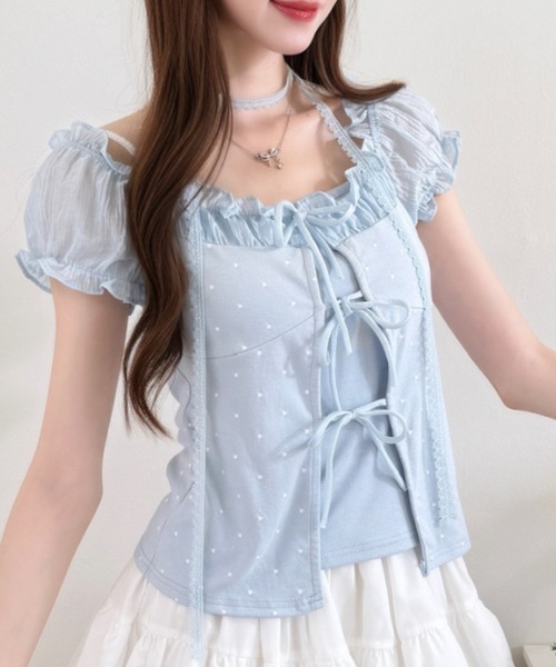 Ada.（エイダ）の「フロントフリル パフスリーブ ショート丈 ギャザー カットソー（Tシャツ/カットソー・レディース・ブルー/ピンク/アイボリー・FREE）」の13枚目の写真
