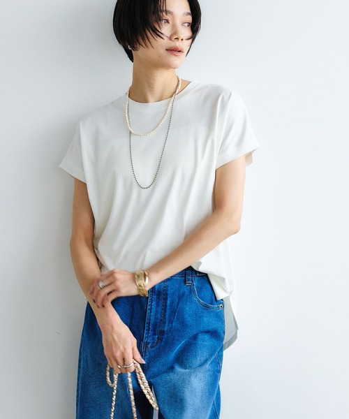 CROSS FUNCTION（クロスファンクション）の「《汗染み防止》エブ楽 天竺フレンチスリーブTシャツ【CROSS FUNCTION/クロスファンクション】（Tシャツ/カットソー・レディース・ブラック/ライトベージュ/チャコールグレー/オフホワイト・M/L/LL）」の2枚目の写真