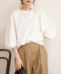 配色ステッチ バルーンスリーブTシャツ 半端袖