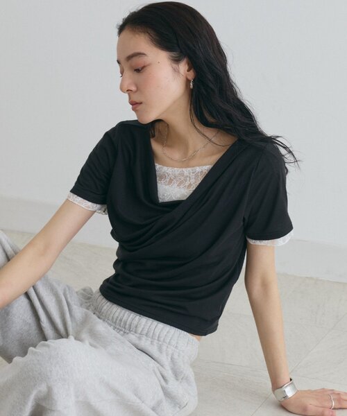 COLONY 2139(コロニートゥーワンスリーナイン)の「ドレープレースドッキング半袖Tシャツ(Tシャツ/カットソー・レディース・ブラック/グレー/オフホワイト/ミント・FREE)」の1枚目の写真