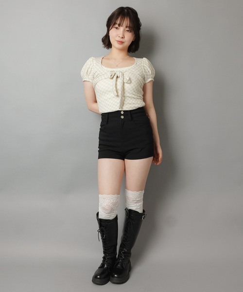 SPINNS（スピンズ）の「半袖カットソー/チェック柄フロントリボン（Tシャツ/カットソー・レディース・グレー/アイボリー/ベージュ・ONESIZE）」の7枚目の写真