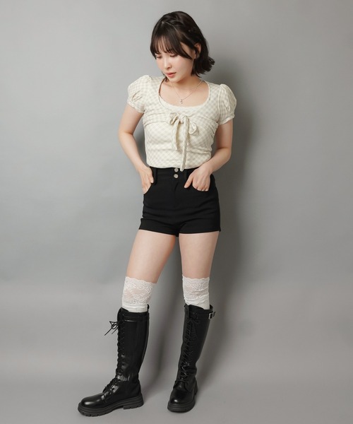 SPINNS（スピンズ）の「半袖カットソー/チェック柄フロントリボン（Tシャツ/カットソー・レディース・グレー/アイボリー/ベージュ・ONESIZE）」の8枚目の写真
