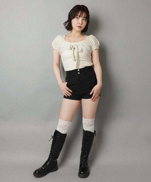 SPINNS（スピンズ）の「半袖カットソー/チェック柄フロントリボン（Tシャツ/カットソー・レディース・グレー/アイボリー/ベージュ・ONESIZE）」の9枚目の写真