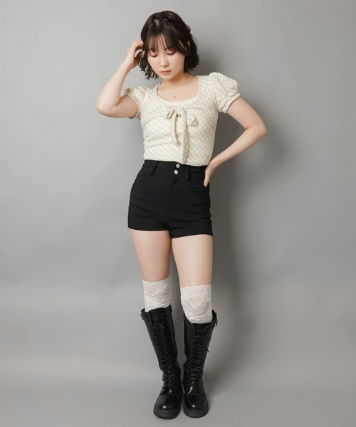 SPINNS（スピンズ）の「半袖カットソー/チェック柄フロントリボン（Tシャツ/カットソー・レディース・グレー/アイボリー/ベージュ・ONESIZE）」の10枚目の写真
