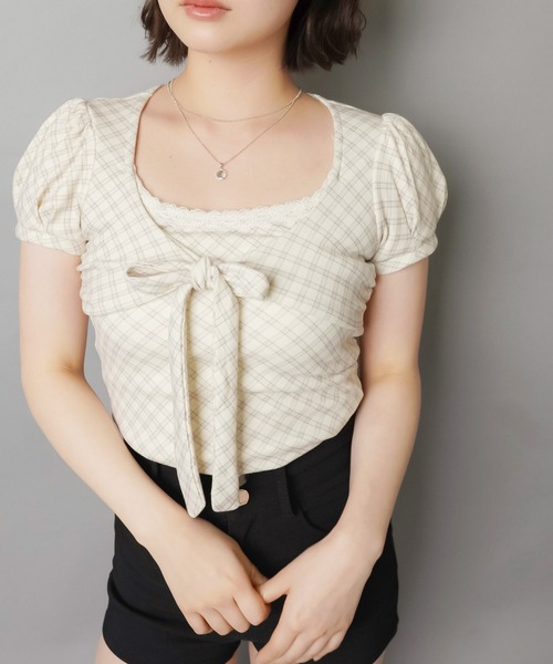 SPINNS（スピンズ）の「半袖カットソー/チェック柄フロントリボン（Tシャツ/カットソー・レディース・グレー/アイボリー/ベージュ・ONESIZE）」の6枚目の写真