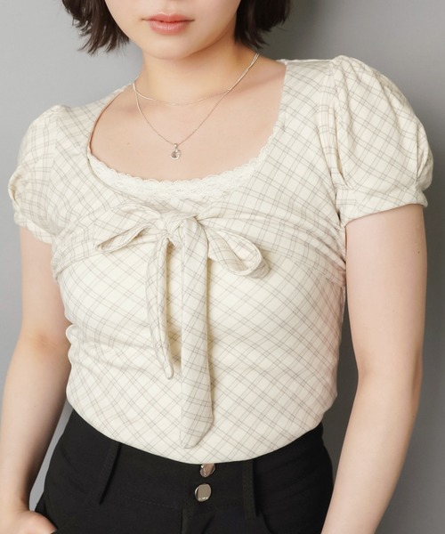 SPINNS（スピンズ）の「半袖カットソー/チェック柄フロントリボン（Tシャツ/カットソー・レディース・グレー/アイボリー/ベージュ・ONESIZE）」の5枚目の写真