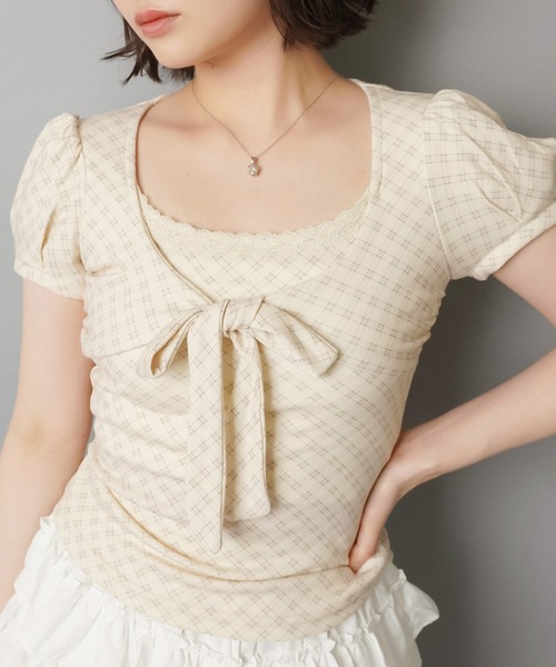 SPINNS（スピンズ）の「半袖カットソー/チェック柄フロントリボン（Tシャツ/カットソー・レディース・グレー/アイボリー/ベージュ・ONESIZE）」の11枚目の写真