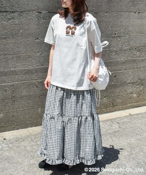 Bleu Bleuet(ブルーブルーエ)の「モンチッチ刺繍Tシャツ(Tシャツ/カットソー・レディース・ピンク/ホワイト・L/M)」の5枚目の写真