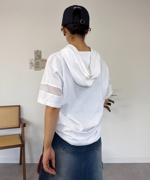 RCD(アールシーディー)の「ロゴ刺繍袖メッシュ半袖パーカー(パーカー・レディース・ブラック/オフホワイト・M)」の6枚目の写真