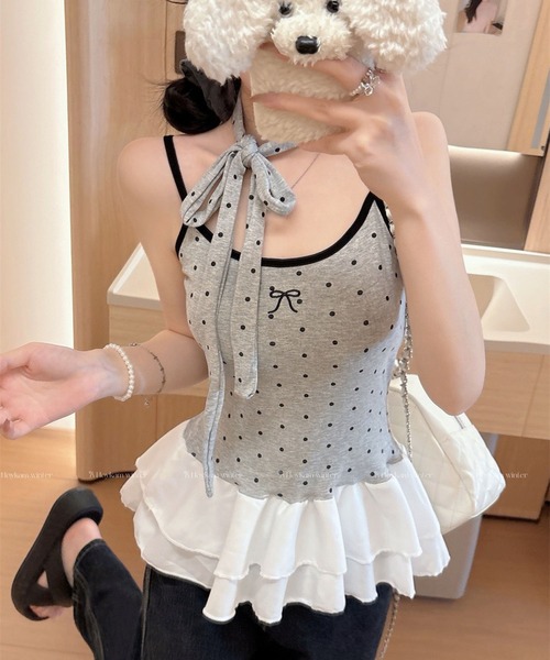 VIBGYOR(ヴィブジョー)の「【EIZZ/アイズ】ドット柄レースキャミソール / ミニリボン 裾メロウフリル 総柄 水玉 インナー フレンチガーリー(キャミソール・レディース・ホワイト/ブラック/グレー・FREE)」の1枚目の写真