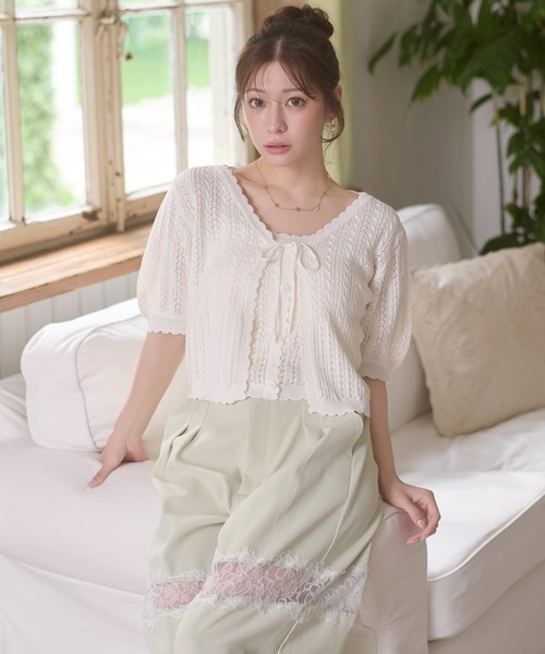 Ambre Neige(アンブルネージュ)の「openwork knitting ensemble knit / スカシガラアミアンサンブルニット(カーディガン/ボレロ・レディース・ライトピンク/アイボリー/ネイビー/レッド・FREE)」の2枚目の写真