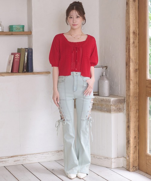 Ambre Neige(アンブルネージュ)の「openwork knitting ensemble knit / スカシガラアミアンサンブルニット(カーディガン/ボレロ・レディース・ライトピンク/アイボリー/ネイビー/レッド・FREE)」の8枚目の写真
