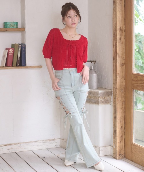 Ambre Neige(アンブルネージュ)の「openwork knitting ensemble knit / スカシガラアミアンサンブルニット(カーディガン/ボレロ・レディース・ライトピンク/アイボリー/ネイビー/レッド・FREE)」の7枚目の写真
