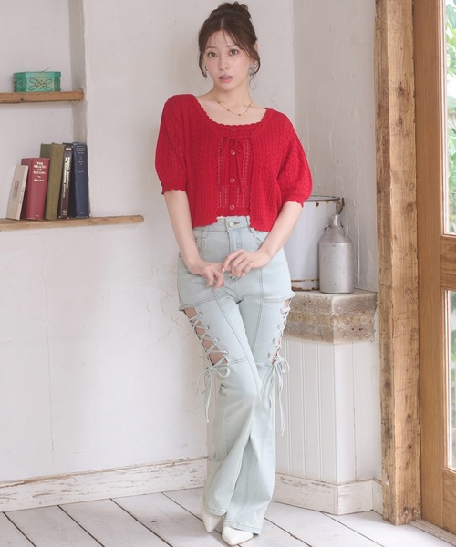 Ambre Neige(アンブルネージュ)の「openwork knitting ensemble knit / スカシガラアミアンサンブルニット(カーディガン/ボレロ・レディース・ライトピンク/アイボリー/ネイビー/レッド・FREE)」の6枚目の写真