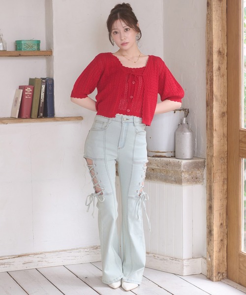 Ambre Neige(アンブルネージュ)の「openwork knitting ensemble knit / スカシガラアミアンサンブルニット(カーディガン/ボレロ・レディース・ライトピンク/アイボリー/ネイビー/レッド・FREE)」の5枚目の写真