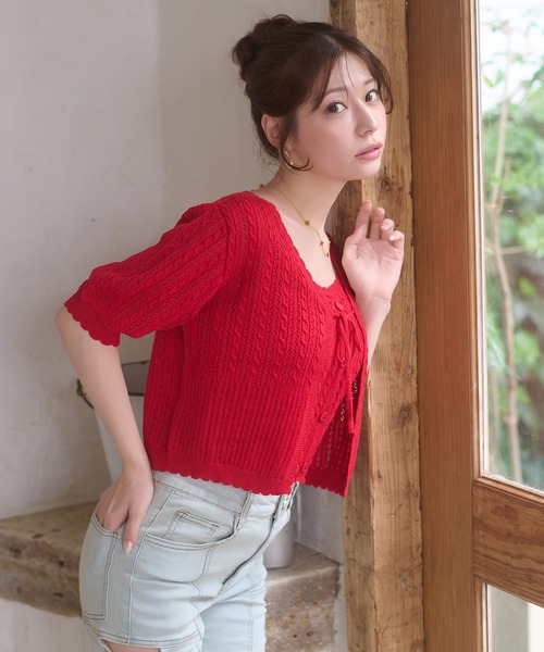 Ambre Neige(アンブルネージュ)の「openwork knitting ensemble knit / スカシガラアミアンサンブルニット(カーディガン/ボレロ・レディース・ライトピンク/アイボリー/ネイビー/レッド・FREE)」の9枚目の写真