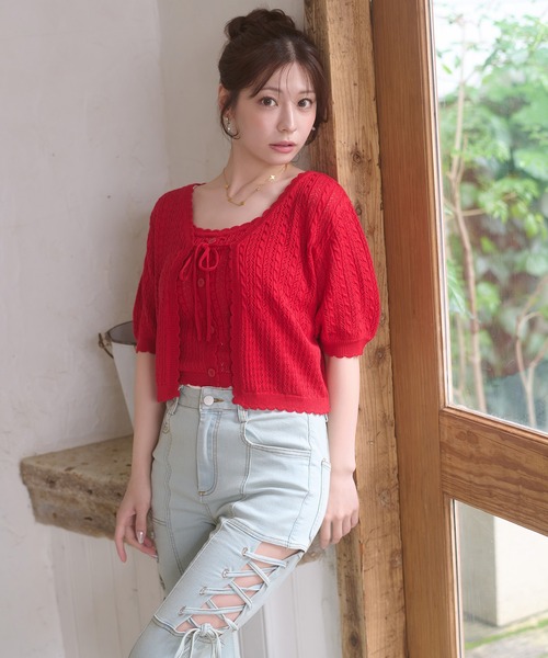 Ambre Neige(アンブルネージュ)の「openwork knitting ensemble knit / スカシガラアミアンサンブルニット(カーディガン/ボレロ・レディース・ライトピンク/アイボリー/ネイビー/レッド・FREE)」の11枚目の写真
