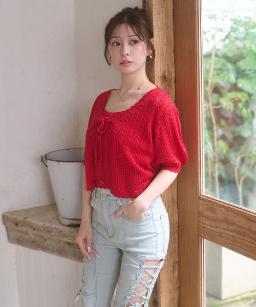 Ambre Neige(アンブルネージュ)の「openwork knitting ensemble knit / スカシガラアミアンサンブルニット(カーディガン/ボレロ・レディース・ライトピンク/アイボリー/ネイビー/レッド・FREE)」の10枚目の写真