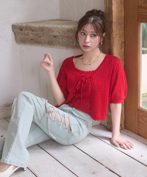 Ambre Neige(アンブルネージュ)の「openwork knitting ensemble knit / スカシガラアミアンサンブルニット(カーディガン/ボレロ・レディース・ライトピンク/アイボリー/ネイビー/レッド・FREE)」の14枚目の写真