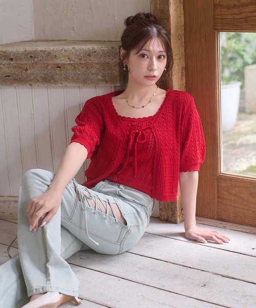 Ambre Neige(アンブルネージュ)の「openwork knitting ensemble knit / スカシガラアミアンサンブルニット(カーディガン/ボレロ・レディース・ライトピンク/アイボリー/ネイビー/レッド・FREE)」の12枚目の写真