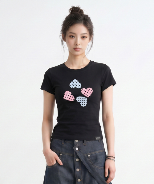 PEID(ペイド)の「PD ポルカドットハートスリムフィット半袖Tシャツブラック(Tシャツ/カットソー・レディース・ブラック・1/2/3)」の2枚目の写真