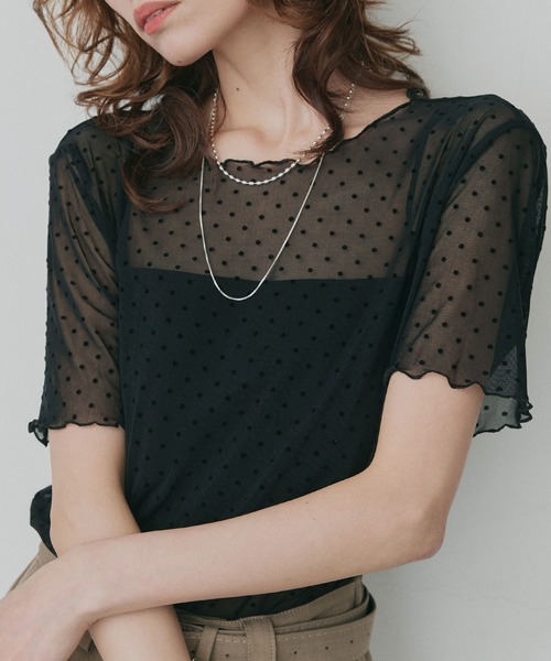 ad thie(アドティエ)の「ドット シアー トップス(Tシャツ/カットソー・レディース・オフホワイト/ブラック・FREE)」の1枚目の写真