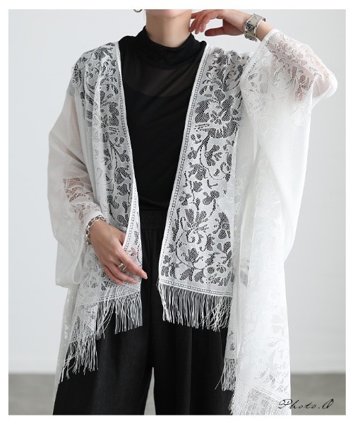 Sawa a la mode(サワアラモード)の「ショール風総レーストッパーカーディガン(カーディガン/ボレロ・レディース・オフホワイト/ベージュ・FREE)」の3枚目の写真