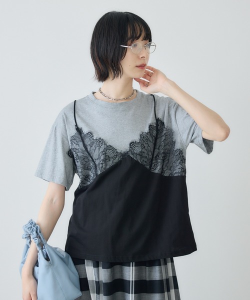 Paradise Picnic(パラダイスピクニック)の「レースキャミドッキングTシャツ(Tシャツ/カットソー・レディース・グレー/ホワイト・FREE)」の3枚目の写真