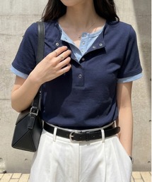 レイヤード風デザインのバイカラーヘンリーネック Tシャツ/アレンジ自在/伸縮生地