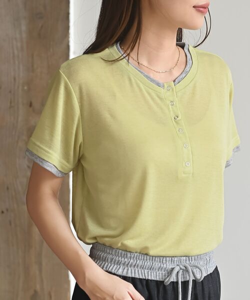 rps（アールピーエス）の「レイヤード風ヘンリーネックＴ（Tシャツ/カットソー・レディース・オフホワイト/サックスブルー/ブラック/イエロー・フリー）」の4枚目の写真