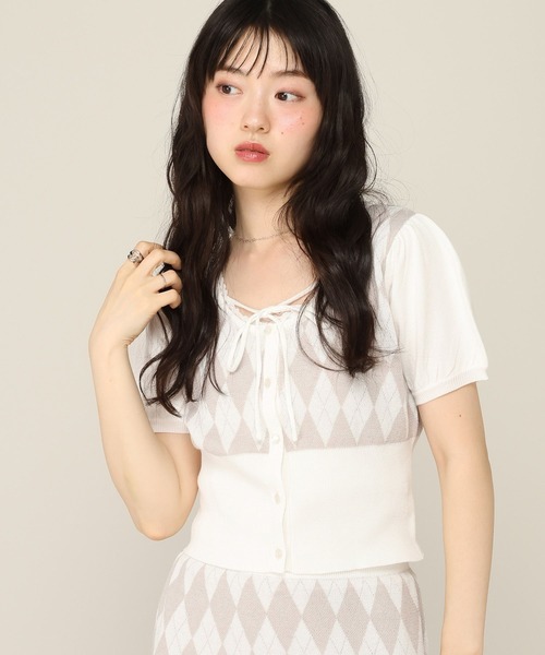 Heather(ヘザー)の「アーガイルリボンニット(半袖) 1049609(ニット/セーター・レディース・ネイビー/ベージュ/グレー・FREE)」の2枚目の写真