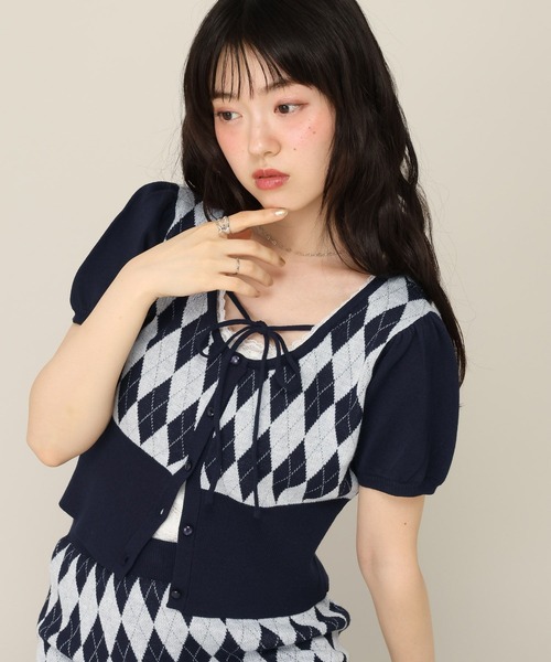 Heather(ヘザー)の「アーガイルリボンニット(半袖) 1049609(ニット/セーター・レディース・ネイビー/ベージュ/グレー・FREE)」の3枚目の写真