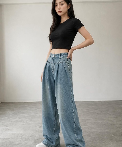Belle Cie(ベルシー)の「タックワイドデニムパンツ バギー ジーンズ ローウエスト 美脚 ルーズ Y2K ストリート 韓国ファッション(デニムパンツ・レディース・ブルー・S/M/L)」の2枚目の写真