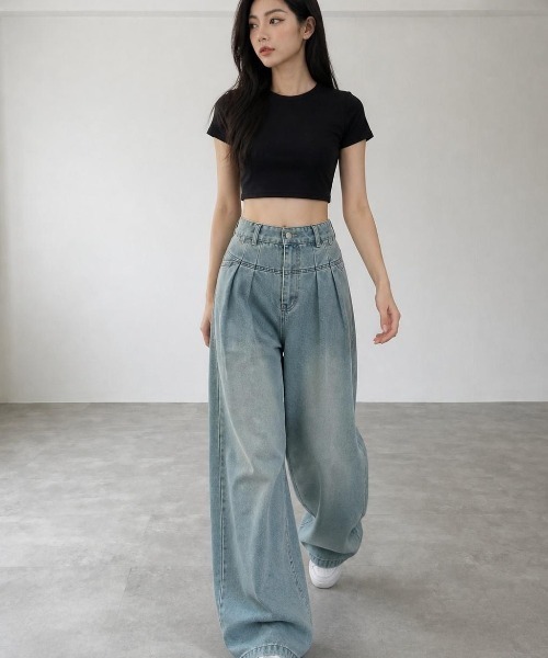 Belle Cie(ベルシー)の「タックワイドデニムパンツ バギー ジーンズ ローウエスト 美脚 ルーズ Y2K ストリート 韓国ファッション(デニムパンツ・レディース・ブルー・S/M/L)」の3枚目の写真