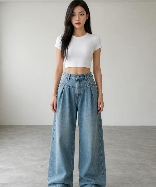Belle Cie(ベルシー)の「タックワイドデニムパンツ バギー ジーンズ ローウエスト 美脚 ルーズ Y2K ストリート 韓国ファッション(デニムパンツ・レディース・ブルー・S/M/L)」の4枚目の写真