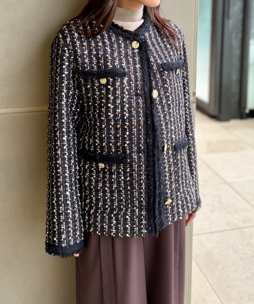 【新品】LOVELESSミックス ツイード フリンジ ノーカラージャケット グリッターツイードノーカラージャケット（ノーカラージャケット