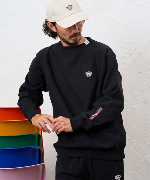 No Rain No Rainbow(ノーレインノーレインボー)の「msw1944- 12oz brushed lining trainer (musical note print ) クルーネックススウェット(NR26W-12)(スウェット・メンズ・アッシュ/ブラック×ピンク/ブラック×ホワイト・M/S/L/XL)」の3枚目の写真