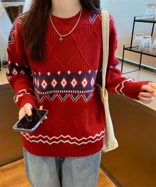 Jewelobe(ジュエローブ)の「ポイントジオメトリックニットプルオーバー(ニット/セーター・レディース・ベージュ/レッド/ブルー・FREE)」の20枚目の写真
