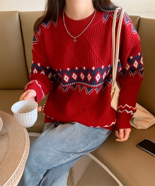 Jewelobe(ジュエローブ)の「ポイントジオメトリックニットプルオーバー(ニット/セーター・レディース・ベージュ/レッド/ブルー・FREE)」の14枚目の写真