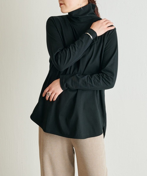 BEARDSLEY(ビアズリー)の「柔らかで薄手 インナーに使いやすい ニットのチクチクが苦手な方にも ハイネックTシャツ(Tシャツ/カットソー・レディース・ホワイト/ブラック/ブラック系その他・FREE)」の14枚目の写真