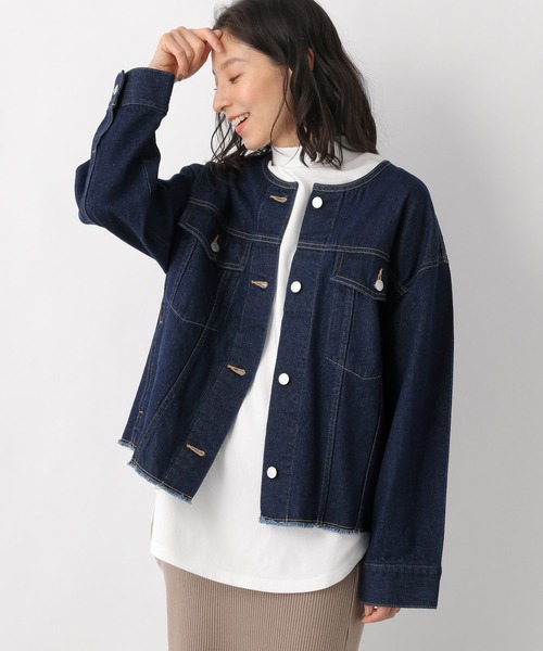 LEPSIM（レプシィム）の「ノーカラーリョウポケットジャケット　256058（デニムジャケット・レディース・ネイビー/オフホワイト/ブルー・FREE）」の3枚目の写真