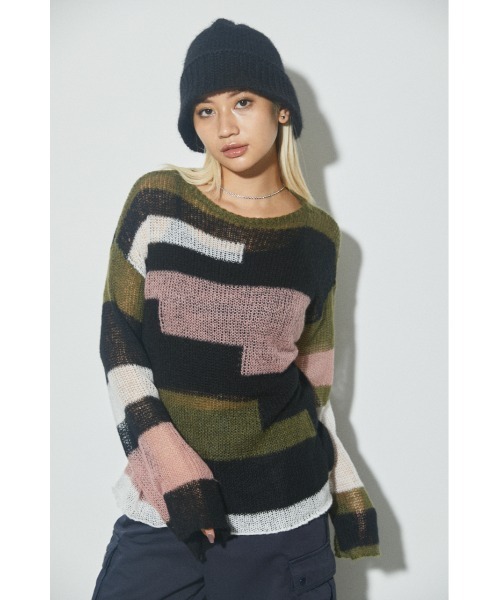 LAGUA GEM(ラグアジェム)の「COLOR BLOCK LG KNIT カラーブロックロングニット(ニット/セーター・レディース・ブルー/カーキ・FREE)」の1枚目の写真