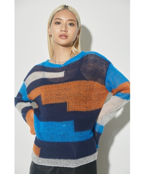 LAGUA GEM(ラグアジェム)の「COLOR BLOCK LG KNIT カラーブロックロングニット(ニット/セーター・レディース・ブルー/カーキ・FREE)」の2枚目の写真