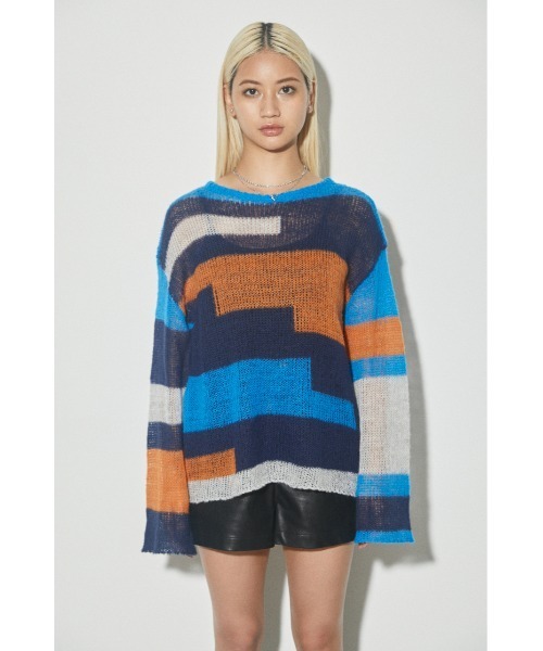 LAGUA GEM(ラグアジェム)の「COLOR BLOCK LG KNIT カラーブロックロングニット(ニット/セーター・レディース・ブルー/カーキ・FREE)」の9枚目の写真