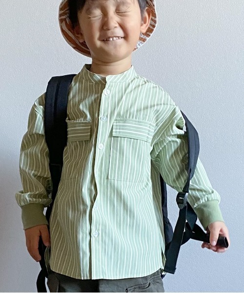 MAKE YOUR DAY（メイクユアデイ）の「バンドカラーシャツ■80～140cm（シャツ/ブラウス・キッズ・オリーブ/オフホワイト/ブルー/ベージュ・90/100/120/130/140/80/110）」の4枚目の写真