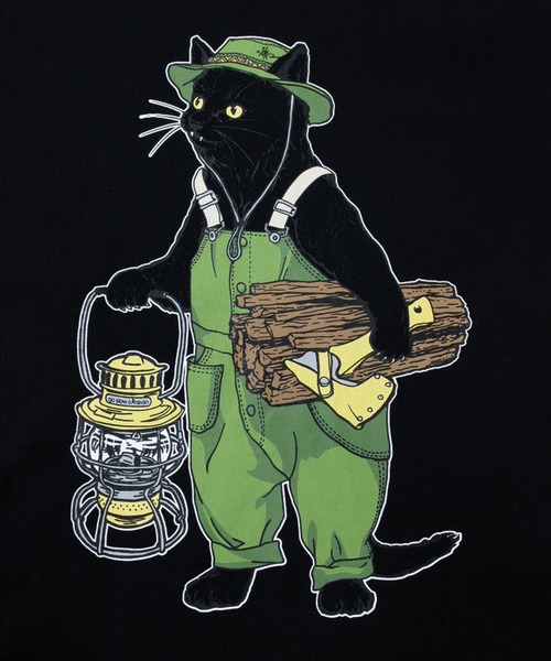 go slow caravan(ゴースローキャラバン)の「USA/C オーバーオールキャンパー猫TEE(Tシャツ/カットソー・メンズ・ブラック/ホワイト・MEDIUM/LARGE/SMALL/X-LARGE)」の8枚目の写真