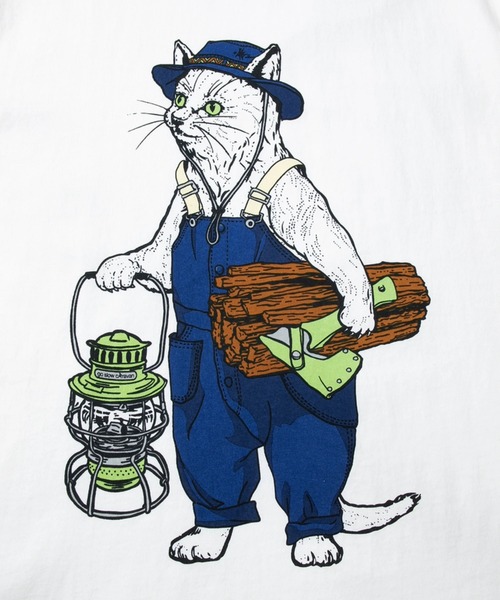 go slow caravan(ゴースローキャラバン)の「USA/C オーバーオールキャンパー猫TEE(Tシャツ/カットソー・メンズ・ブラック/ホワイト・MEDIUM/LARGE/SMALL/X-LARGE)」の10枚目の写真